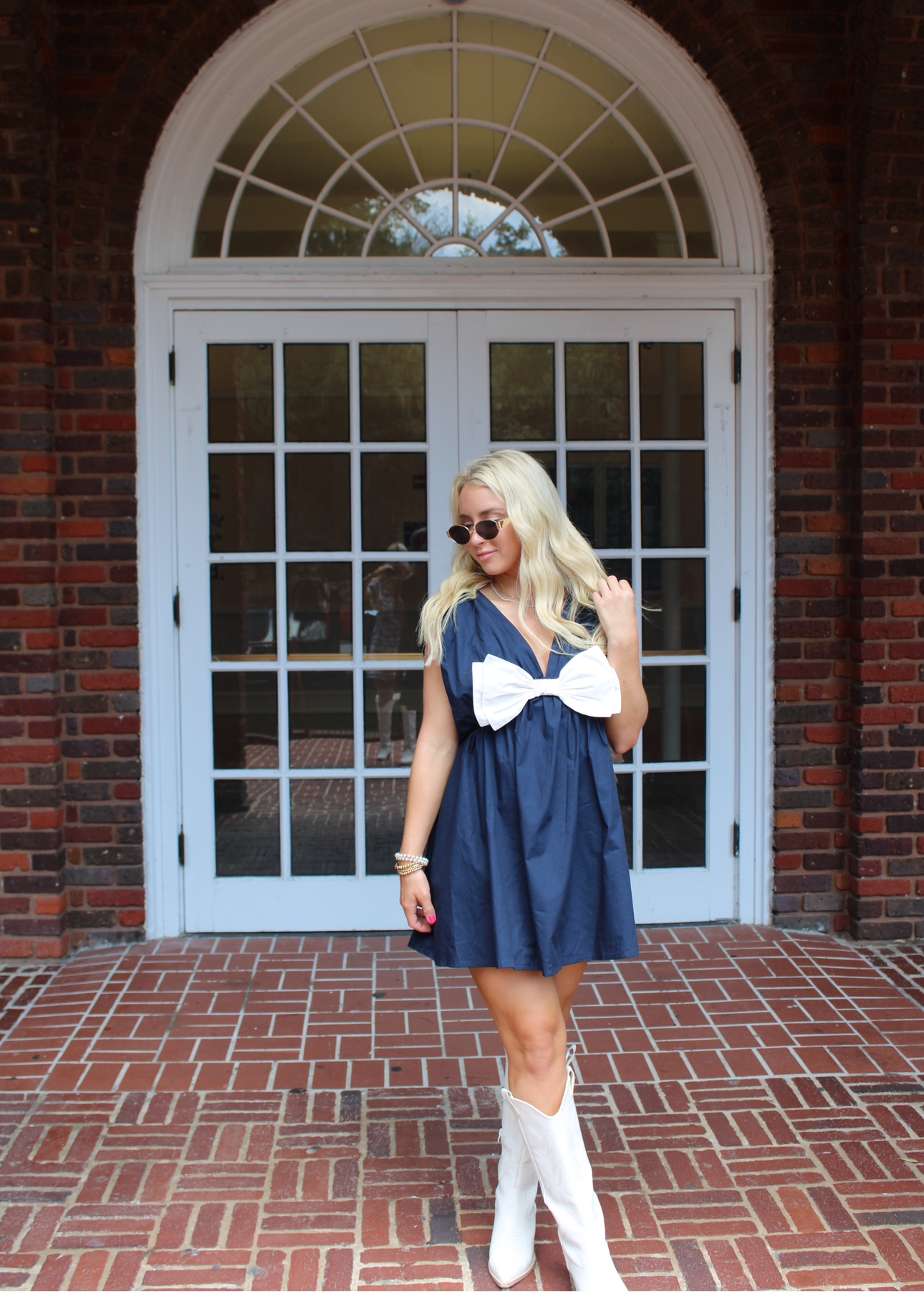 Bow Poplin Dress- Navy