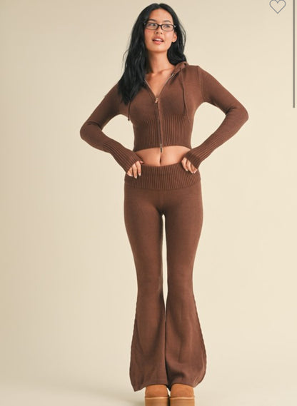 Ribbed Foldover Pants Set- Espresso