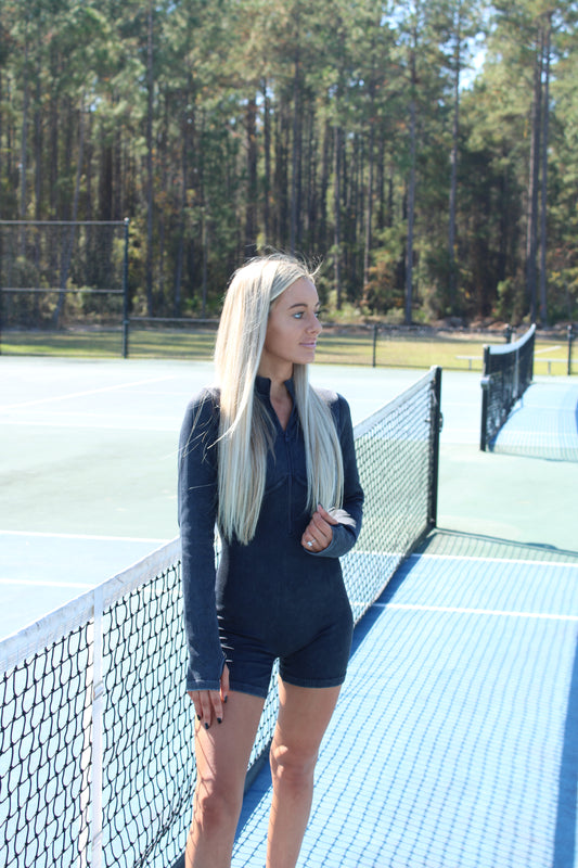 Seamless Mock Neck Romper- Deep Navy